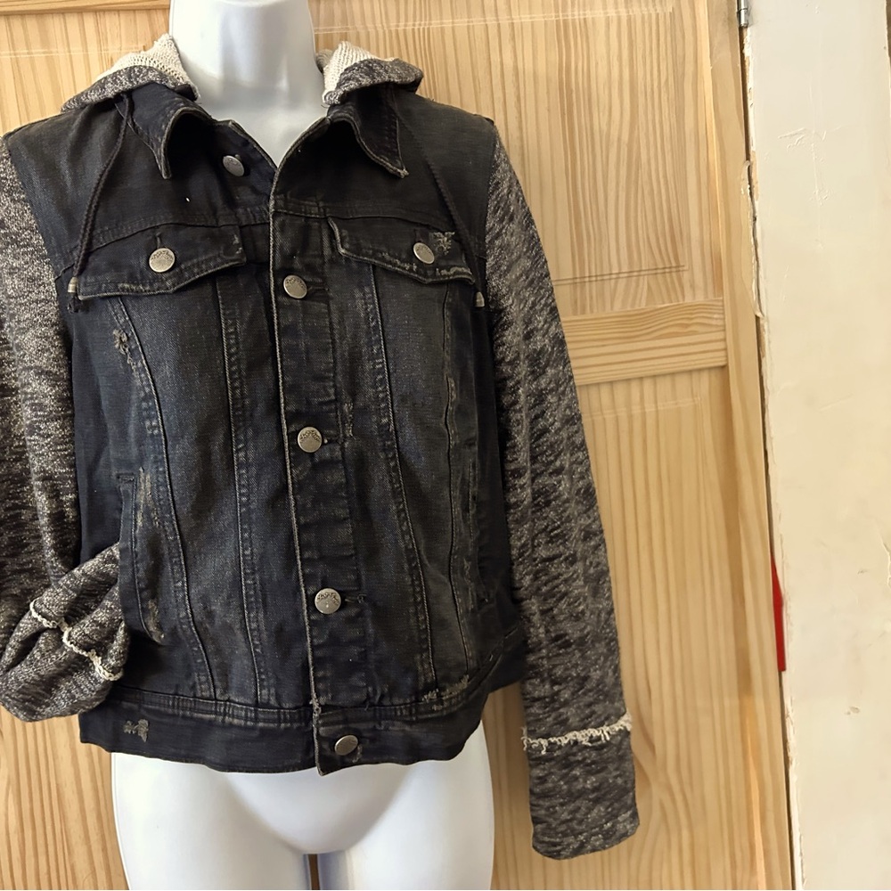 Free People Denim Jacket Women's Small Black Gray Jean Core Hooded